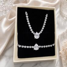 2pcs/Set Leaf Flower Heart Sun Zirconia Bracelet & Necklace Set, Elegant Jewelry Gift Box Set, Bridal Gift, Lover Gift, Mother Gift, Christmas Gift Box, Birthday Gift - Gold - View 2