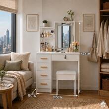 2-In-1 White Vanity Desk Set With LED Lighted Mirror & Stool, 5 Drawers, Lockable Drawer, Hidden Storage Shelves, Makeup Vanity Table For Bedroom, Gift For Women & Girls - White - View 9
