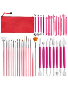 42PCS Aesthetic Pink Clay Tool Set – Includes Detail Brushes, Carving Knives And Stylus – Complete Pottery Kit With Red Storage Bag - Multicolor - View 5