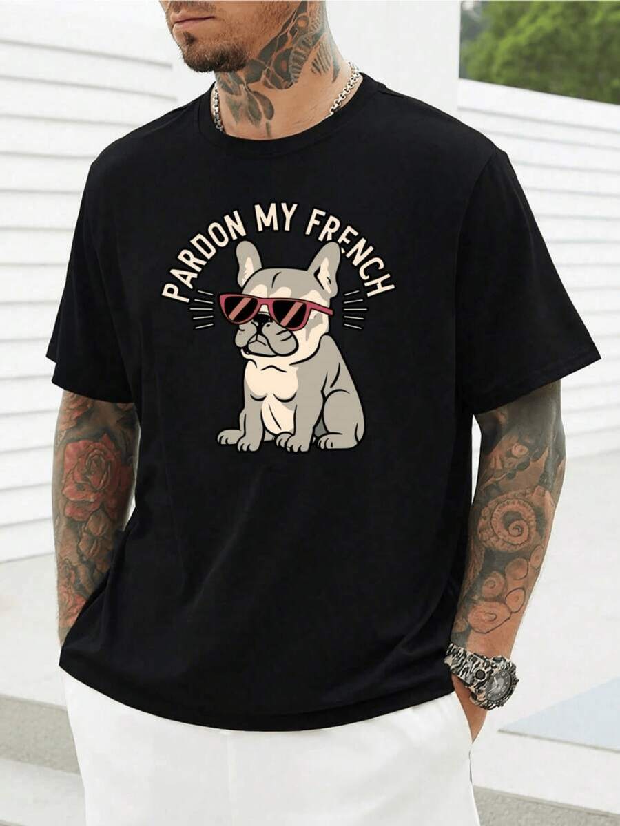 French Bulldog Wearing Dark Sunglasses, Looking Very Relaxed And Funny, Embodies Bold Humor On This Cool Men's T-Shirt - 黑色 - 查看 1