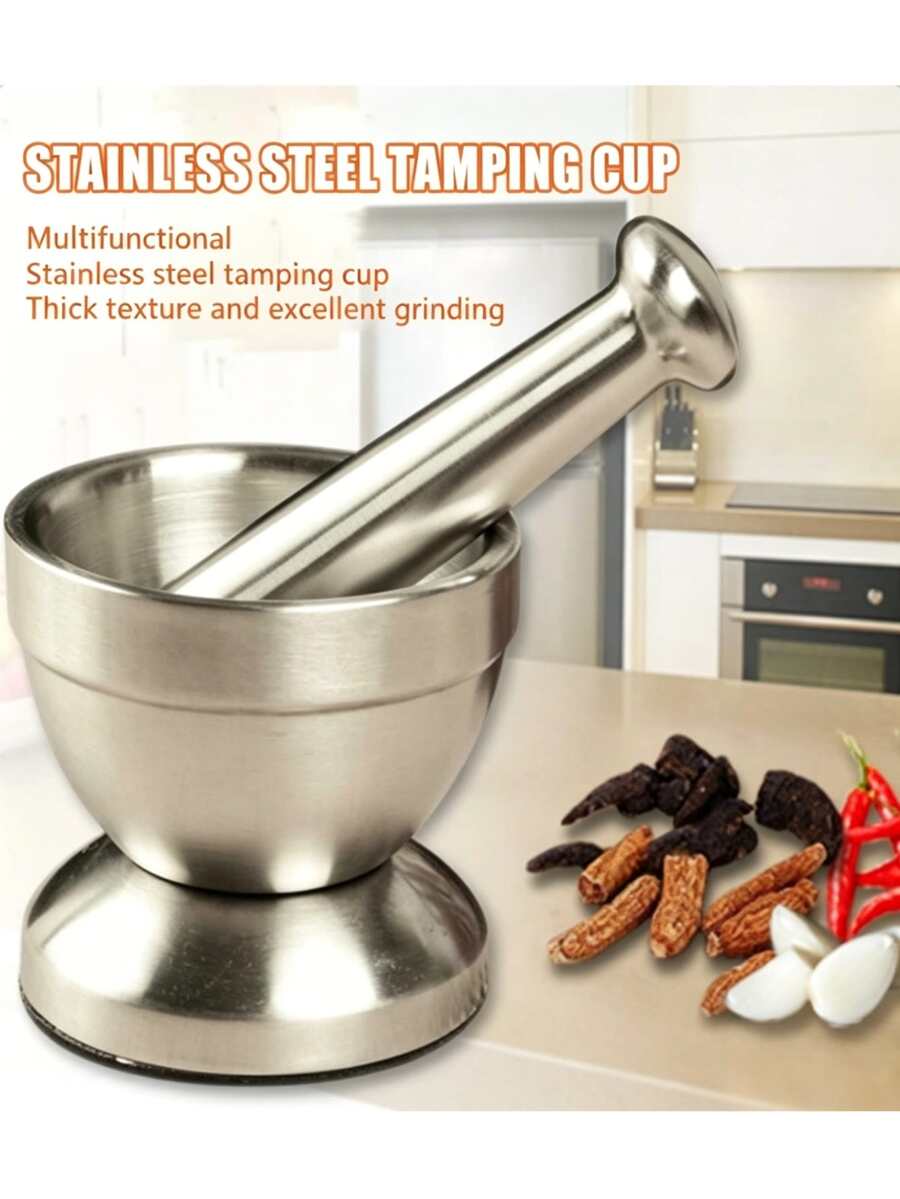 1 Set Stainless Steel Mortar And Pestle With Non-Slip Base, Spice Grinder, Kitchen Utensil, Multi-Function Crusher, Suitable For Garlic, Chili And Pepper - Silver - View 1