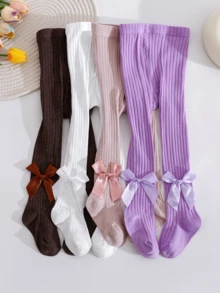 4 pares de mallas de punto acanalado para niñas, leggings de unicolor con lazo grande de satén suave, calcetines de baile elásticos versátiles para niños en primavera/otoño, combinan con vestidos, faldas plisadas JK, calcetines básicos para salidas de bebé - Multicolor - Ver 10
