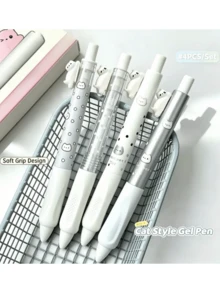 1套(4支)可愛貓咪伸縮式凝膠筆組，0.5mm黑色細筆尖，書寫順滑，適合學生使用的可愛文具禮物，適用於日記、學校、開學季 - 貓咪按動筆 - 查看 4