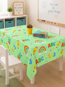 1pc-Back-To-School Cartoon Educational Tablecloth, Round And Rectangular Universal Washable Tablecloth, Green Background With Letter, Number, Rainbow Pencil Print, Suitable For Student Classroom Study Desks And Back-To-School Party Desktop Decoration - Multicolor - View 9