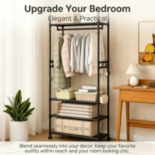 Multi-Layer Rolling Garment Rack With Storage Shelves - BLACK - View 3