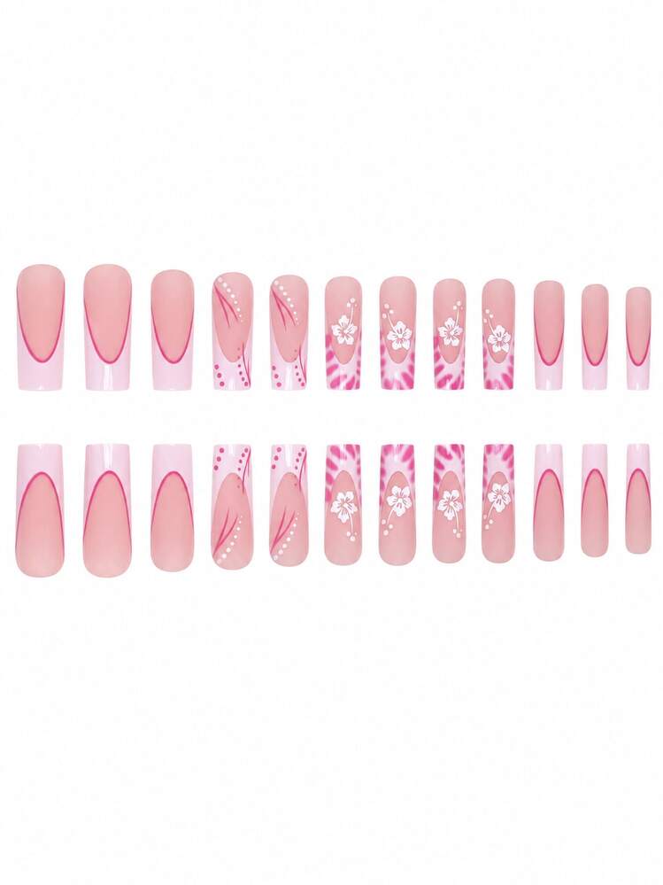 24pcs Long Square Press-On Nail, Nude Pink Outline French Tip White Plumeria Flower Dot Decoration Design Press On Nails, Long Length Acrylic Fake Nail Set, Sweet Pink Nails Suitable For Woman Girl Daily Work & Rave Party Use - Multicolor - View 2