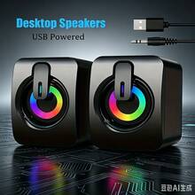1 Pair Desktop Computer Speakers, Wired USB Powered 3.5mm Audio Interface, Suitable For Desktop PC Laptop Phone Monitor, LED Blue Light Stereo Surround Bass Adjustable Volume, Mini Compact Gaming Multimedia Audio Speakers - View 3