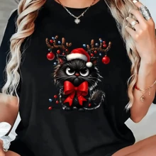 Camiseta navideña de gato para mujer adorable con gorro y astas navideñas manga corta estilo Harajuku ropa informal para fiestas - Negro - Ver 1