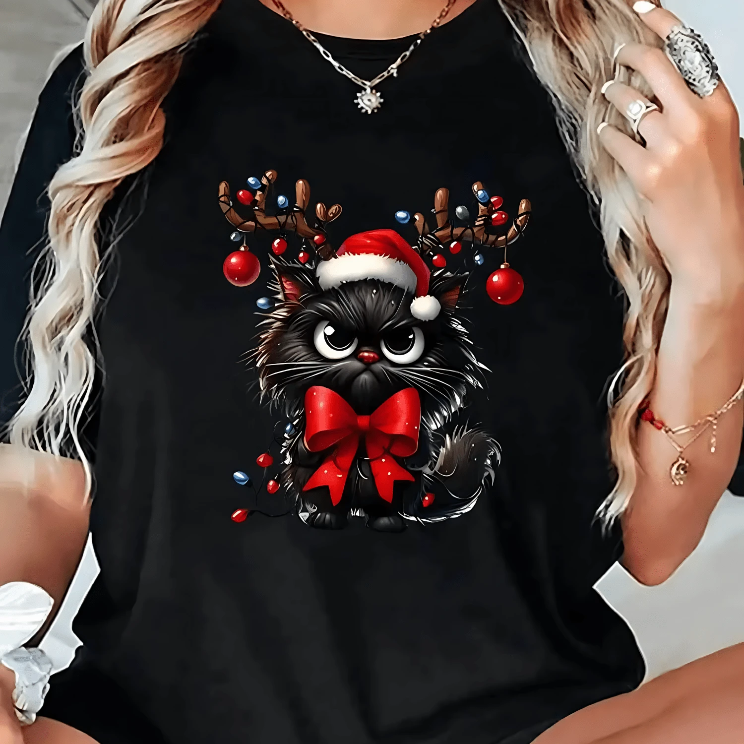 Camiseta navideña de gato para mujer adorable con gorro y astas navideñas manga corta estilo Harajuku ropa informal para fiestas - Negro - Ver 1