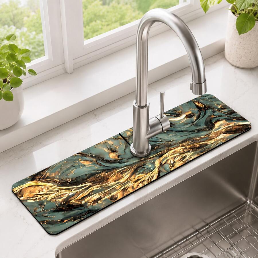 1 pieza Alfombrilla protectora de salpicaduras de grifo de goma con patrón de mármol, estilo granja, decoración del hogar para cocina y baño, protector de salpicaduras de grifo, protector de barro, alfombrilla de grifo a prueba de humedad y antideslizante, accesorio para encimera de cocina. Proteja la encimera de su cocina. - Multicolor - Ver 1