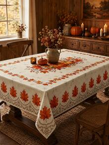 1pc-Autumn Maple Leaf Round Tablecloth, Beige Fall Table Cover With Orange Leaf Pattern, Elegant Harvest Printed Border For Thanksgiving Dinner Party Kitchen Decor - Multicolor - View 11