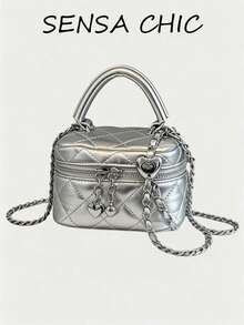 New Fashion Classic Multifunctional Waterproof PU Material, Diamond Quilted Pattern Handbag, Lightweight And Easy To Carry, Zipper Closure Design, Heart-Shaped Zipper Decor Crossbody Round Box Bag, Coin Purse, Suitable For Shopping, Travel, Commuting - Silver - View 1