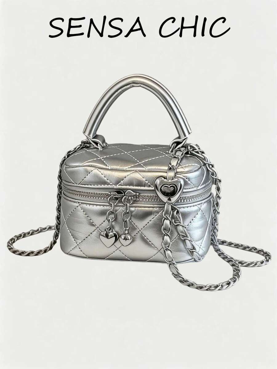New Fashion Classic Multifunctional Waterproof PU Material, Diamond Quilted Pattern Handbag, Lightweight And Easy To Carry, Zipper Closure Design, Heart-Shaped Zipper Decor Crossbody Round Box Bag, Coin Purse, Suitable For Shopping, Travel, Commuting - Silver - View 1