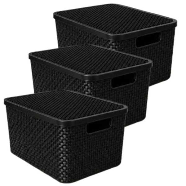 03 Caixa Organizadora Cesto Multiuso 7 Litros  Tampa Empilhavel Rattan