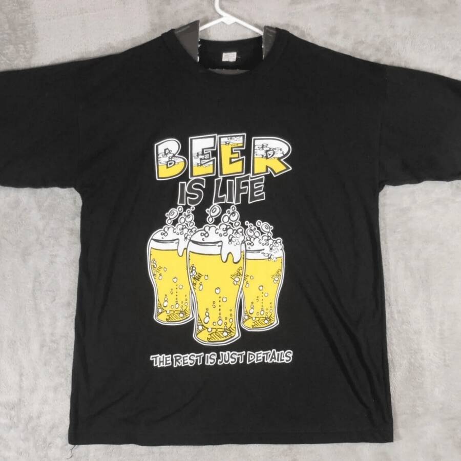 Camiseta gráfica "La cerveza es la vida" de manga corta, cuello redondo, casual, talla L, color negro - Negro - Ver 1
