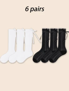 1/2/4/5/6 Pairs Spring/Summer Thin Sweet Versatile Ballet Style Bow Hollow Out Slouch Socks - Multicolor - View 11