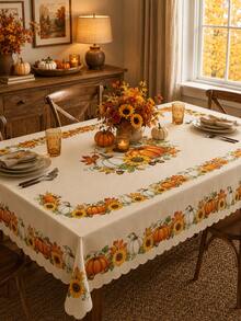 1pc-Fall Pumpkin Maple Leaf Round Tablecloth, Autumn Berry Vine Table Cover With Cream Background, Scalloped Lace Style Edge For Thanksgiving Home Dining Decor - Multicolor - View 12