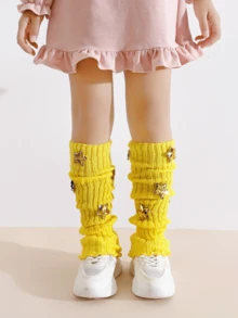 2 Pairs Girls' Sequin Star Knit Slouch Leg Warmers, Yellow & Orange Contrast Color Ribbed Long Leg Warmers, Sweet & Cool Y2K Baby Versatile Leggings, Daily Wear Decorative Leg Warmers - Multicolor - View 5