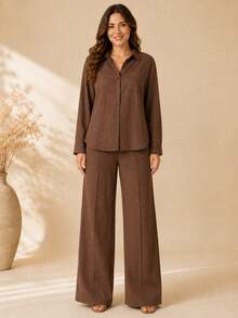 Women's Viscose Linen Set: Long-Sleeved Shirt With Buttons + Lined Wide-Leg Pants. Lightweight And Breathable Fabric. Elegant Casual Look For Work, Outings, And Everyday Wear. - 摩卡棕 - 查看 12
