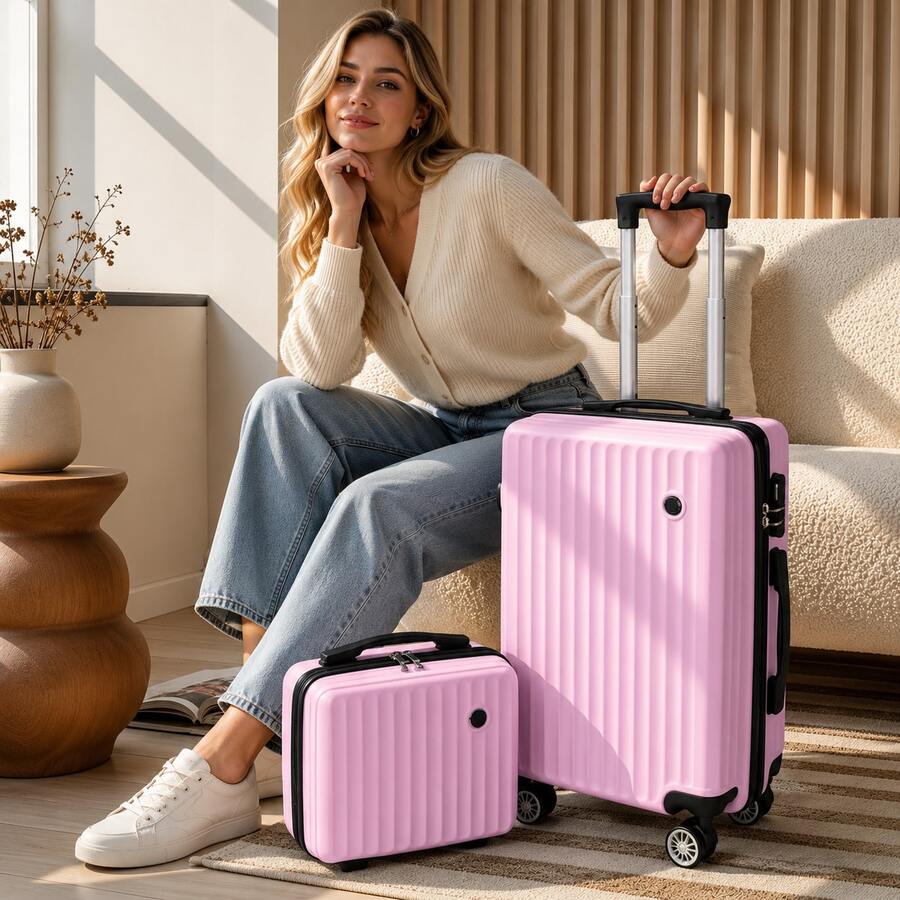 Premium 2-Piece Carry-On Luggage Set, Hard Shell Suitcase With Matching Vanity Case, Lightweight Travel Luggage With Spinner Wheels &Adjustable Handle - Pink - View 1