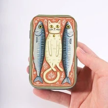 1個錫製小金屬盒，附蓋金屬盒，印有貓咪抓魚圖案，便攜收納盒，居家裝飾，節日禮物 - 查看 2