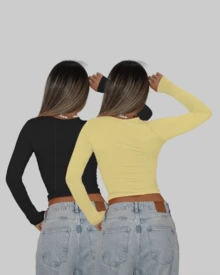 KIT 2 BASIC BLOUSE SECOND SKIN LONG SLEEVE COLD ROUND NECK CACHARREL ELEGANT CASUAL AITONA - BLACK/YELLOW - View 2