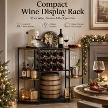 Wine Rack & Storage – 3-Tier Mini Liquor Holder, Space-Saving Display Shelf For Wine, Whiskey, Spirits, Glasses, Kitchen Furniture Organizer For Dining Room, Living Room, Kitchen Counter, Rustic Brown - View 3