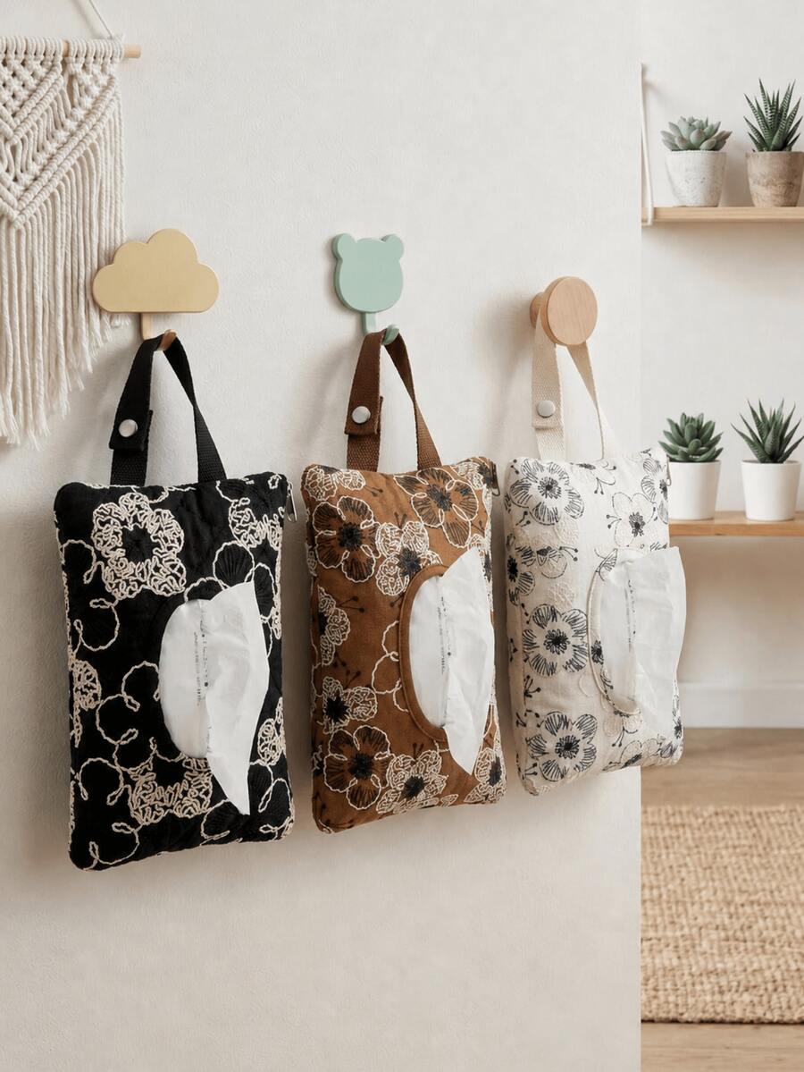 Tas Penyimpanan Tisu Gantung Bordir Elegan dan Lucu, Kotak Penyimpanan Tisu Motif Bunga dan Tanaman, Kotak Tisu, Kotak Penyimpanan Kertas Toilet Penting untuk Kamar Mandi dan Kamar Tidur, Kotak Tisu Mobil, Kotak Tisu Dekoratif - MultiWarna - View 1