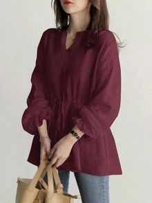 女士V领小丑腰带衬衫，女士新款复古休闲宽松长袖系带衬衫（春季款） - 酒紅色 - 查看 5