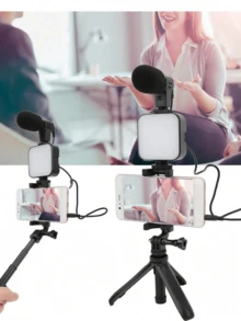 Kit Youtuber Vlog Live Tripé Suporte Celular Led Microfone - Preto - Visão 2