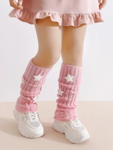 2 Pairs Girls Gentle Pink & White Star Sequin Ruffle Leg Warmers, Vertical Ribbed Knit Children's Long Leg Warmers, Sweet Style Daily Outfit Decorative Leg Covers - Multicolor - View 3