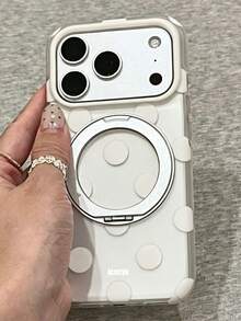 可愛波點滿版透明手機殼 + 360°磁吸環支架，適用於 iPhone 17 Pro Max 17 Pro 17 16 Pro Max 16 Pro 16 15 Pro Max 15 Pro 15 14 Pro Max 14 Pro 14 13 Pro Max 13 Pro 13，軟矽膠背蓋，支援無線充電 - 白色波點 - 查看 2