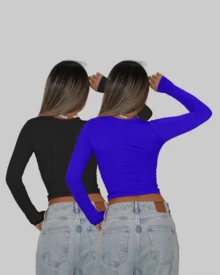 KIT 2 BASIC BLOUSE SECOND SKIN LONG SLEEVE COLD ROUND NECK CACHARREL ELEGANT CASUAL AITONA - BLACK/ROYAL - View 2