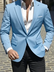 男士单排扣商务休闲西装外套，伴郎婚礼服装 - 淺藍色 - 查看 3
