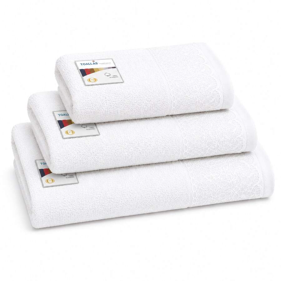 Kynley Set Of 3 Towels 100% Cotton With Decorative Lace – Hand Towel 30*50 Cm, Wash Towel 50*100 Cm And Bath Towel 100*150 Cm, Soft And Absorbent. - Blanco - View 1