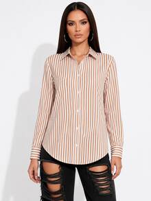 Women's Long-Sleeved Striped Linen Shirt In Colorful And Vibrant Leopard Print. - Apricot - View 1