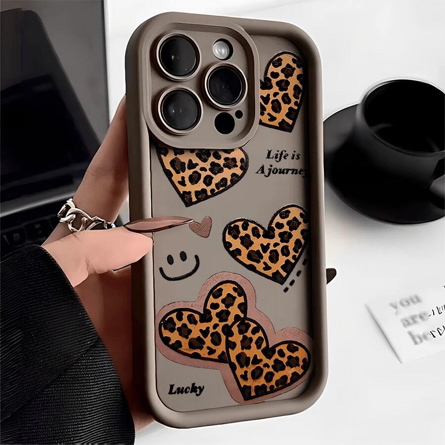 Leopard Print Heart Face Phone Case, Compatible With Models Such As 16E/15/14/13/12/11/PRO/PLUS/PROMAX/MINI, S/A/M/NOTE, S/G/EDGE/E, Transition SPARK/HANTOM/CAMON/, Honor 400/PLAY/X/Y, Reno/A/F, 14//POCO/NOTE And Others. Transparent, Simple, Elegant And Durable, Made Of Protective TPU Material. Ideal For Valentine's Day, Halloween, Christmas And Other Festive Occasions, Great For Personal Use Or As A Gift. - 棕色 - 查看 1