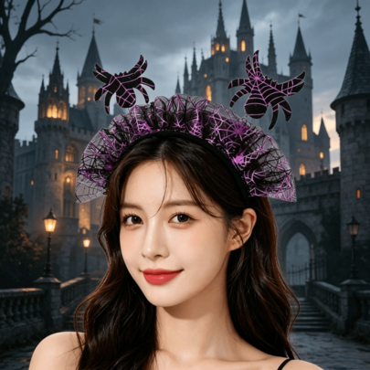 3pcs Halloween Purple & Black Spider Web Tulle Headbands, Dark Style Funny Head Hoops Party Costume Props