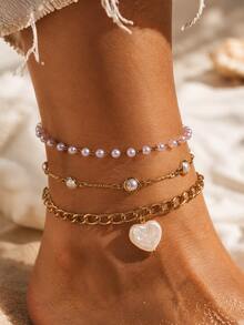 3pcs/Set Korean Style Gentle Pearl Heart Anklet For Women, Summer Beach Outfit Accessory - Gold - View 2