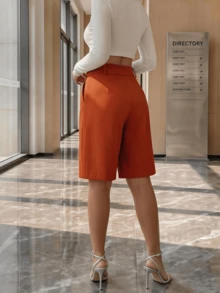 Women's Tailored Bermuda Shorts, High Waist, Elegant, Formal, Comfortable, Suitable For All Seasons, Chic Look - 鐵鏽紅 - 查看 3