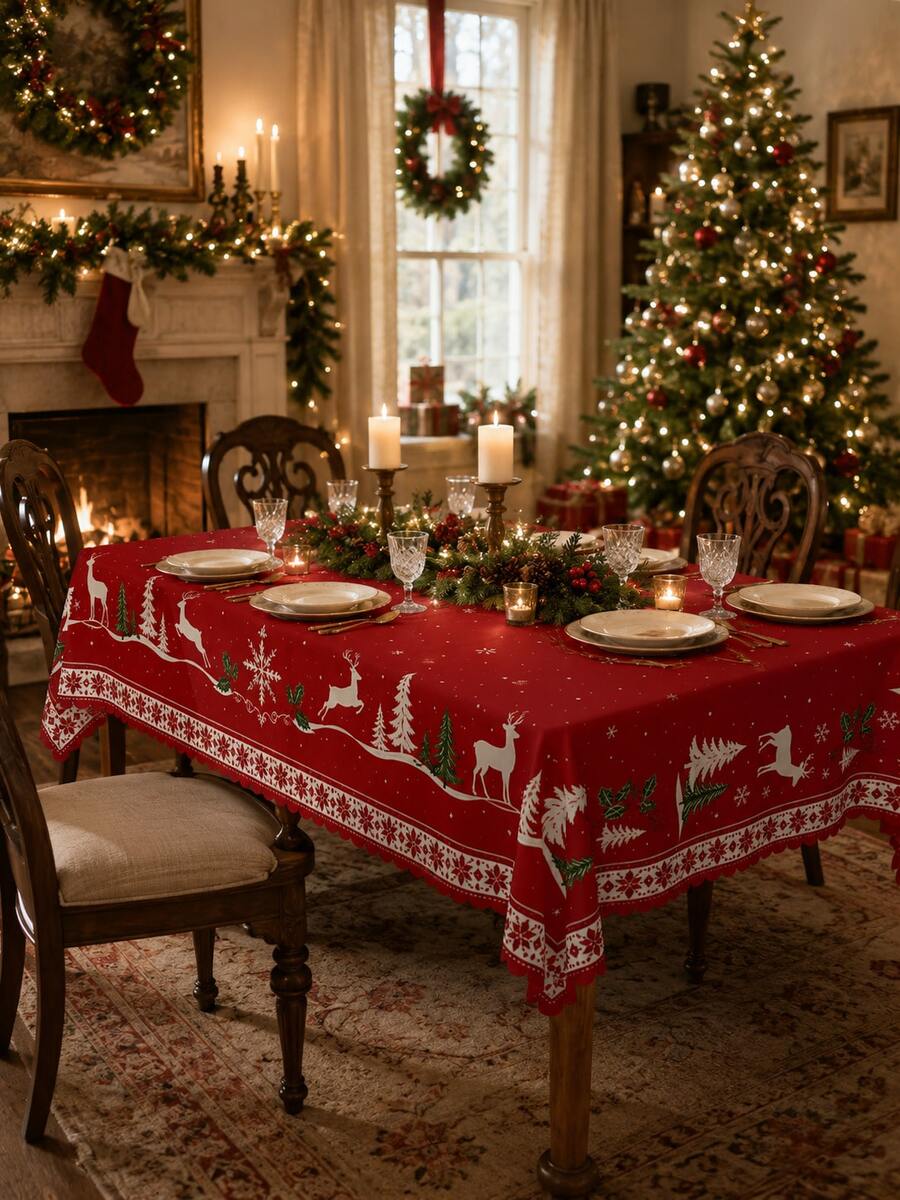 1 pieza Mantel rectangular rojo de Navidad, estampado de renos, copos de nieve, árbol de Navidad y acebo, estilo nórdico, decoración festiva para comedor y cocina, adecuado para cena de Navidad, reunión familiar, montaje de fiesta, mesa de comedor de la sala de estar, decoración del hogar, artículos esenciales de cocina - Multicolor - Ver 1