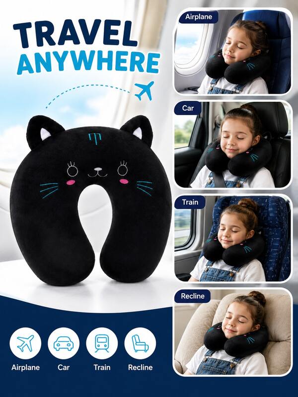 Soft Plush Kids Travel Neck Pillow With Chin & Head Support, Cute Animal U-Shaped Neck Pillow For Toddlers, Boys & Girls, Comfortable Travel Pillow For Airplane, Car, Train & Road Trips