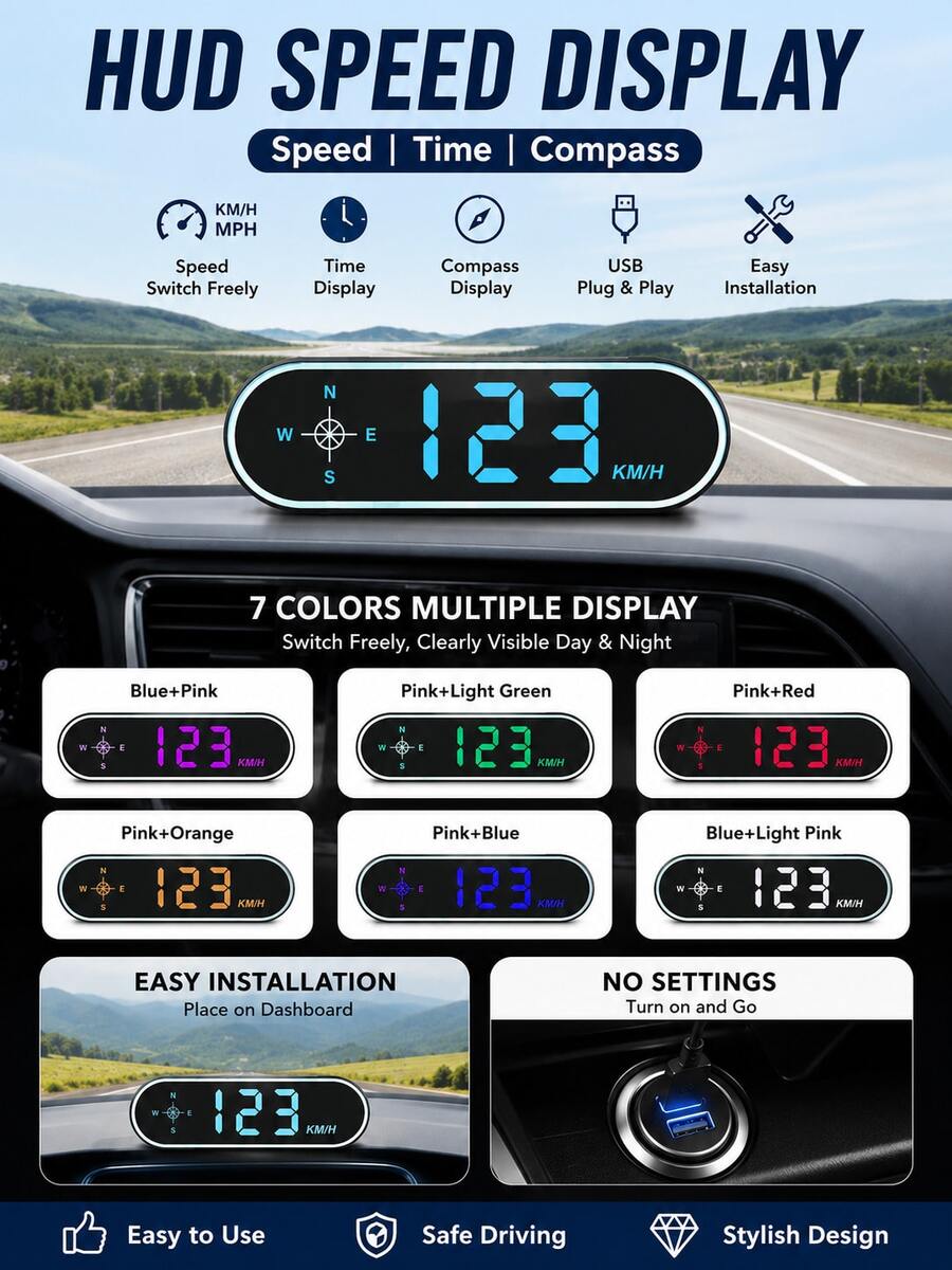 YAIUZGOO Màn hình HUD ô tô hiển thị tốc độ kỹ thuật số KM/H MPH, LED chữ lớn kèm la bàn và thời gian, hiển thị đa màu 7 màu, máy chiếu bảng điều khiển ô tô phổ biến cắm USB dùng ngay, thiết bị lái xe thông minh dễ lắp đặt