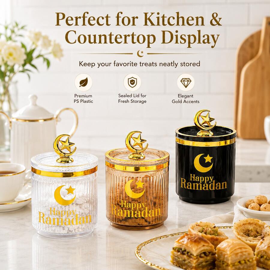 2/4 Pcs Set,Ramadan Storage Jars With Lids, PS Plastic Candy Jars With Gold Moon Star Handle, Decorative Food Storage Containers For Dates, Nuts, Candy, Eid Party Decor, - View 1