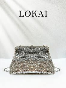 1件亮面魚鱗銀色亮片女款晚宴手拿包，金屬框架扣手提包，可拆卸金屬鏈條單肩包，適合派對、婚禮、正式場合、禮服派對，完美適用於派對、婚禮、畢業舞會、晚宴/宴會 - 彩色 - 查看 3