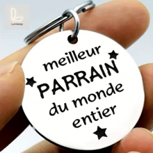Llavero redondo de acero inoxidable con cita en francés "Meilleur Parrain", grabado de estrella no personalizado, colgante para llaves de coche y mochila, regalo sentimental para padrino, perfecto para bautizo, crismación, cumpleaños, Navidad y Día del Padre, accesorio religioso de recuerdo familiar - A - Ver 2