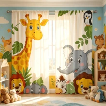 2 Stück Cartoon Dschungel Tier Grünpflanzen transparente Vorhänge, Muster mit Cartoon tropischen Blättern, Löwe, Elefant und Giraffen Mustern, 2D flacher Muster, lichtdurchlässig, Stangendurchzug Stil, ohne Futter, Sommer Fensterdekoration, Wohnzimmer Schlafzimmer Fensterdekoration, nur transparente Vorhänge, Zubehör nicht enthalten - Verschiedenfarbig - Übersicht 12