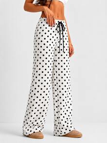 Women Polka Dot Drawstring Waist Crinkle Wide Leg Pants - 黑與白 - 查看 4