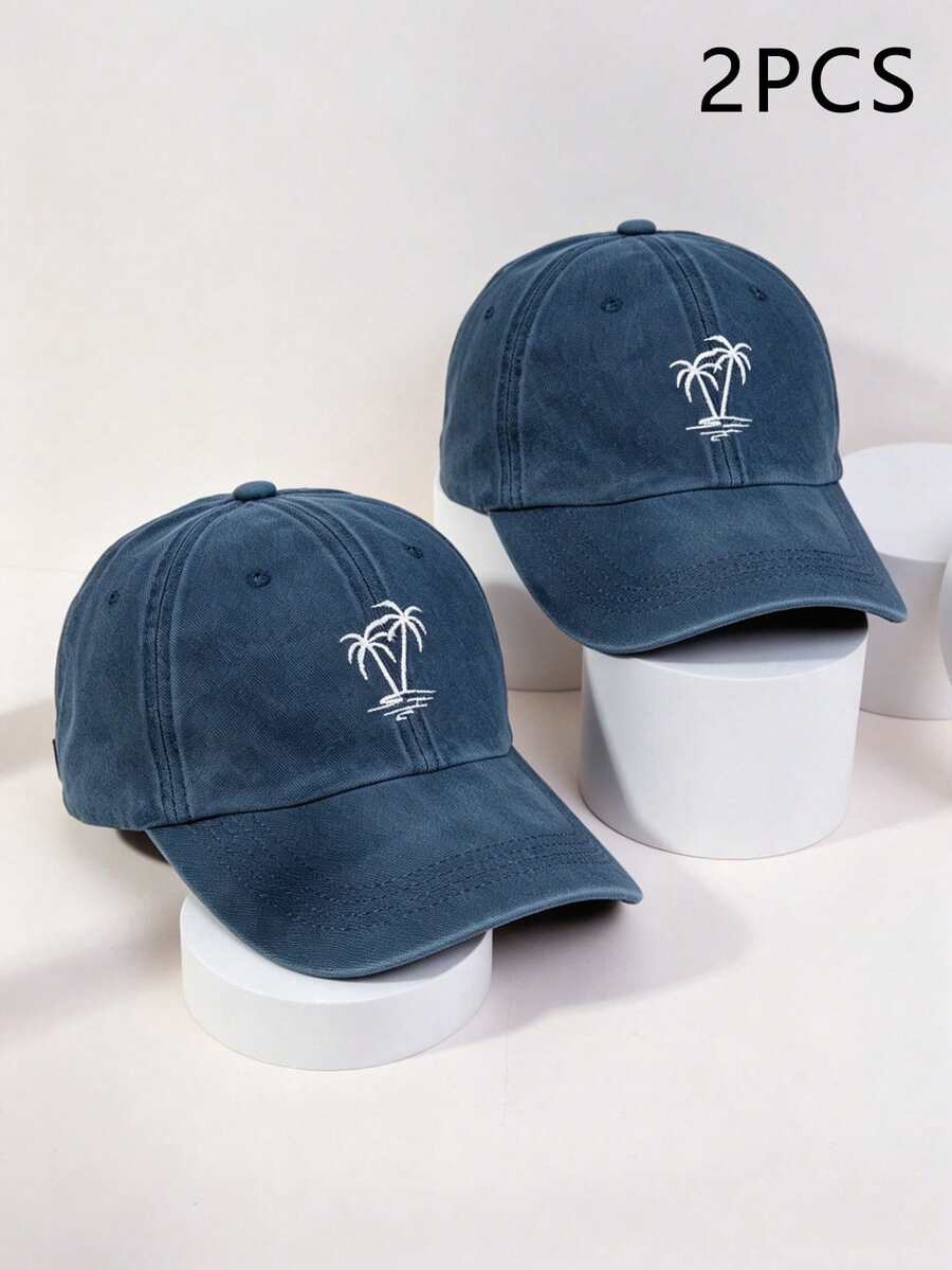 1pc/2pcs Unisex Y2K Style Embroidered Palm Tree Washed Baseball Cap, Outdoor Sun Protection Hat Suitable For Outdoor Sports, Sunshade And Daily Commute - Navy Blue - View 1