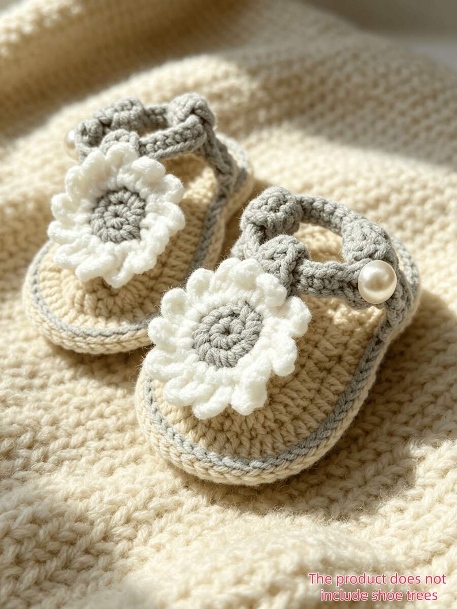 1 Pair Handmade Infant Sandals, Crochet Daisy Flower Design, Yellow & White, Pearl Button Detail - Light Grey - View 1